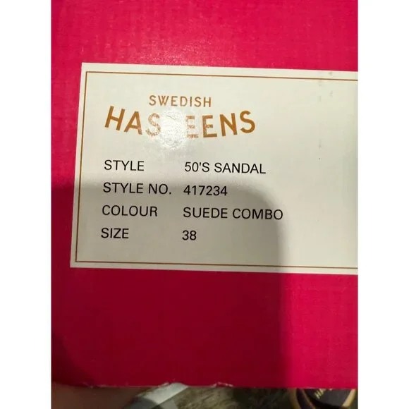 Swedish Hasbeens 50s Suede Combo Sandal With Wooden Heel Size 38 Adjustable Stra - Picture 4 of 8